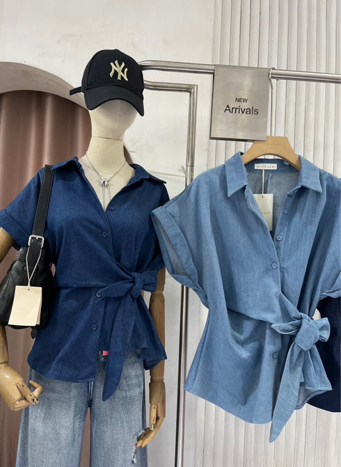 Turn Down Collar Waist Tie Design Denim Shirt